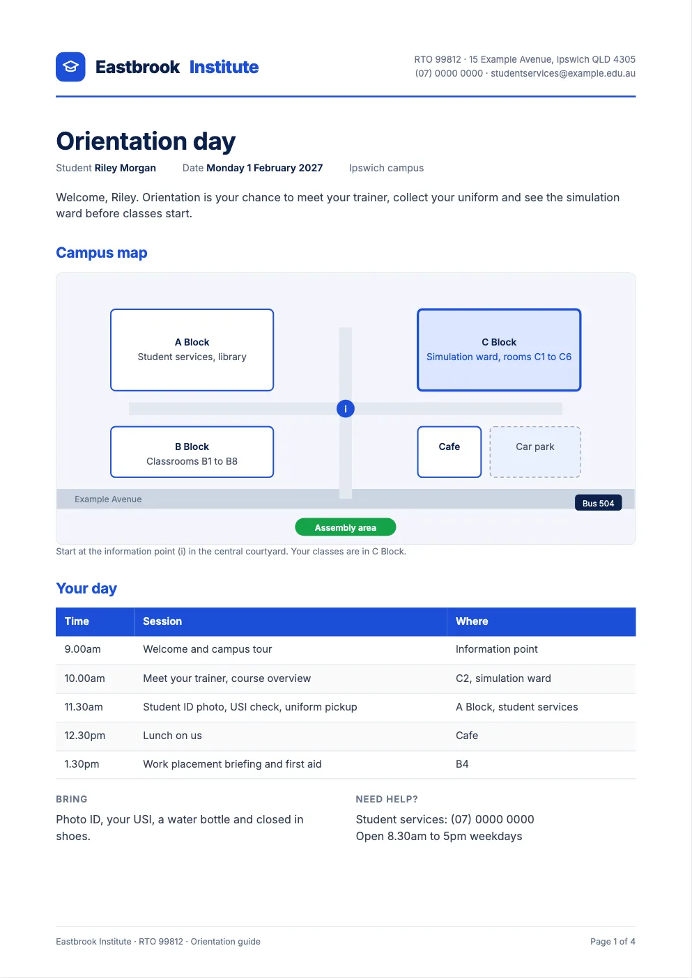 Sample orientation guide with a campus map