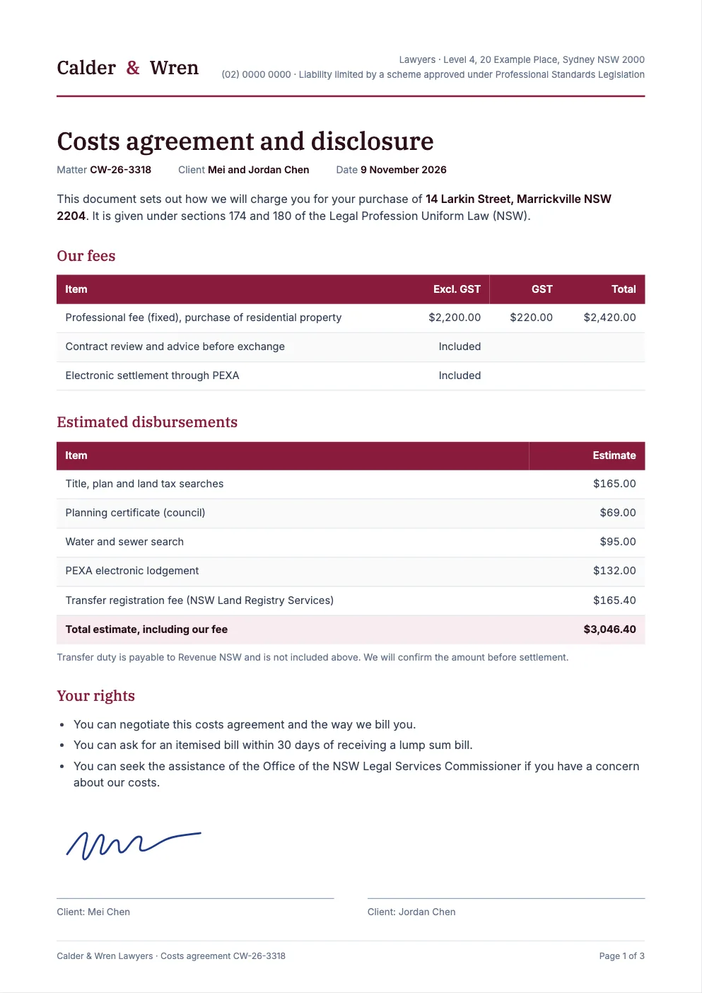 Sample costs agreement and disclosure