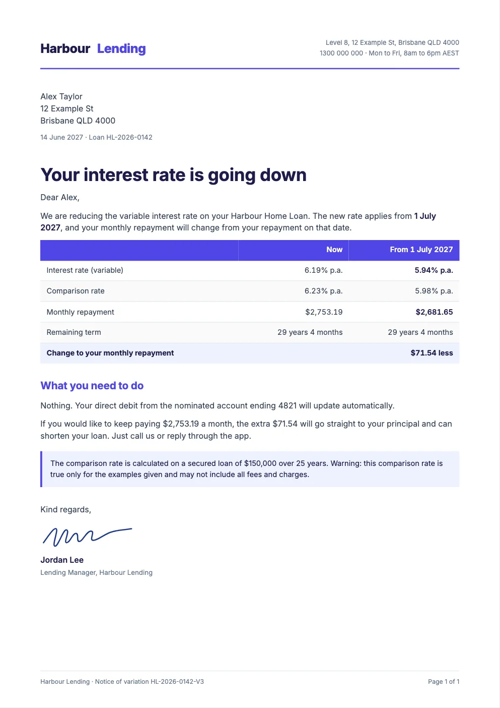 Sample interest rate variation letter
